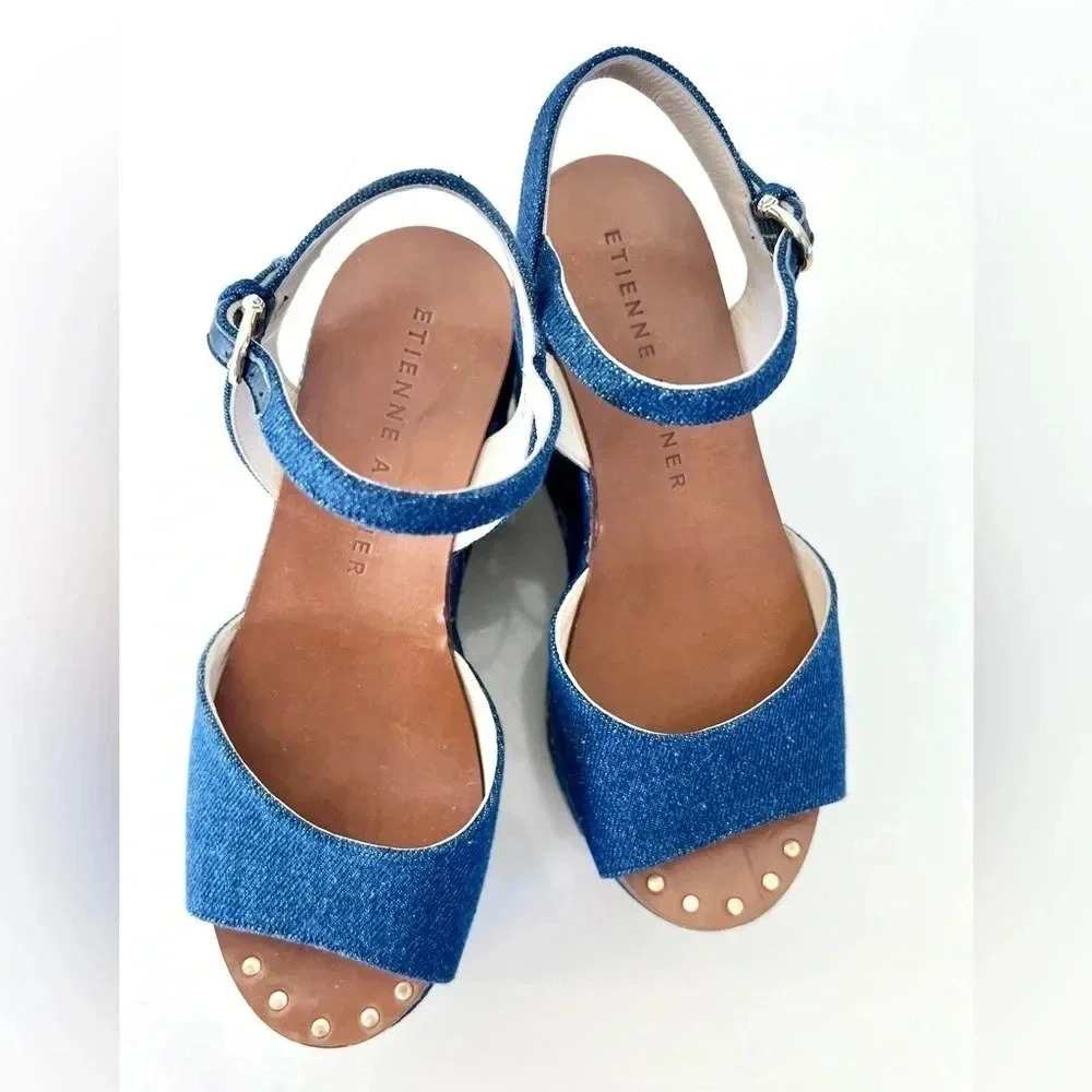 Etienne Aigner Sofhia Floral Embroidered Denim Platform Strappy Shoes‎ Size 6.5 - Picture 2 of 16